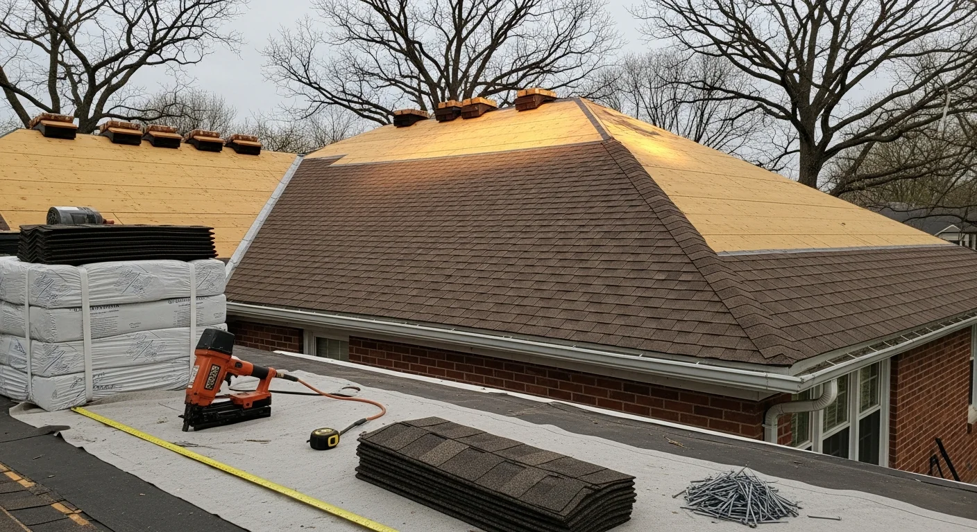 Professional roofer installing new roof shingles on residential home
