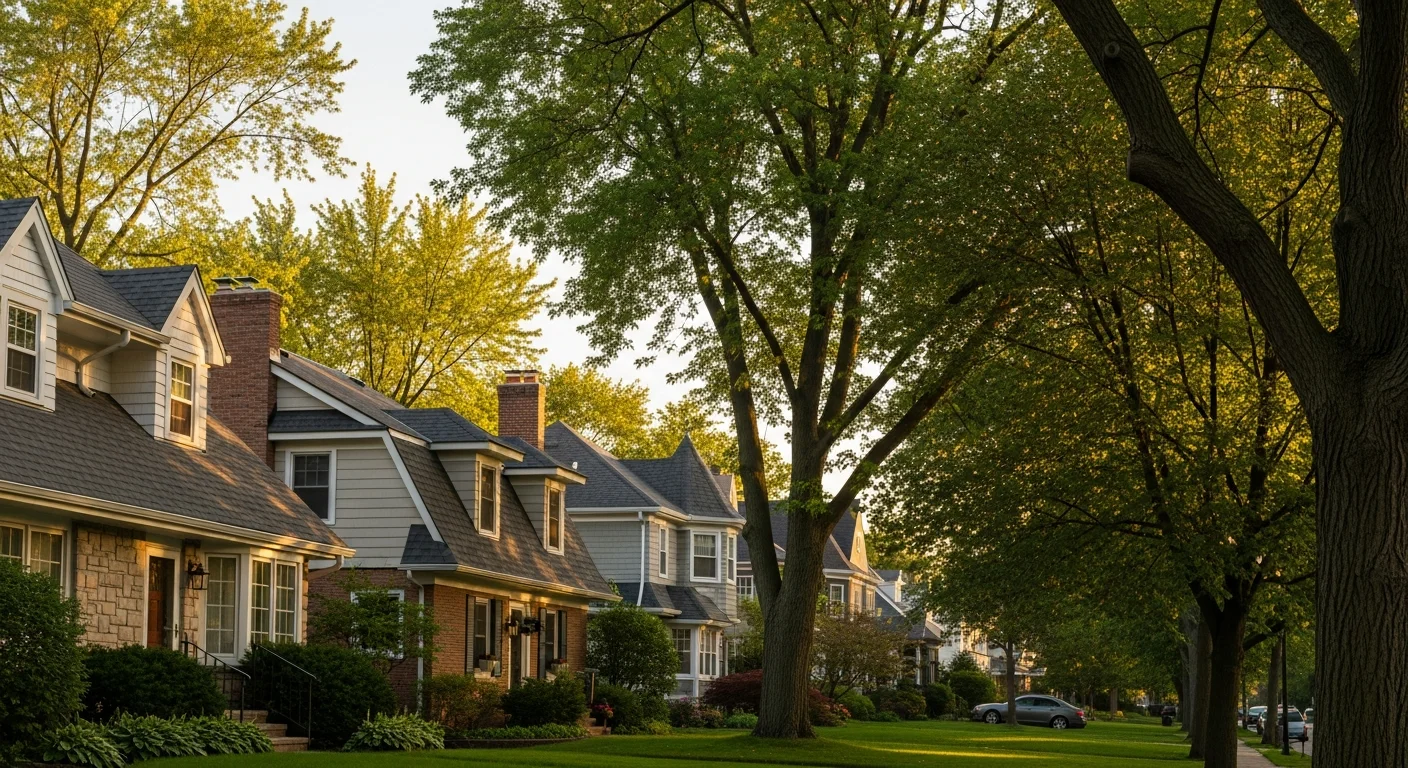 Naperville residential street with tree-lined homes and well-maintained lawns near downtown area.