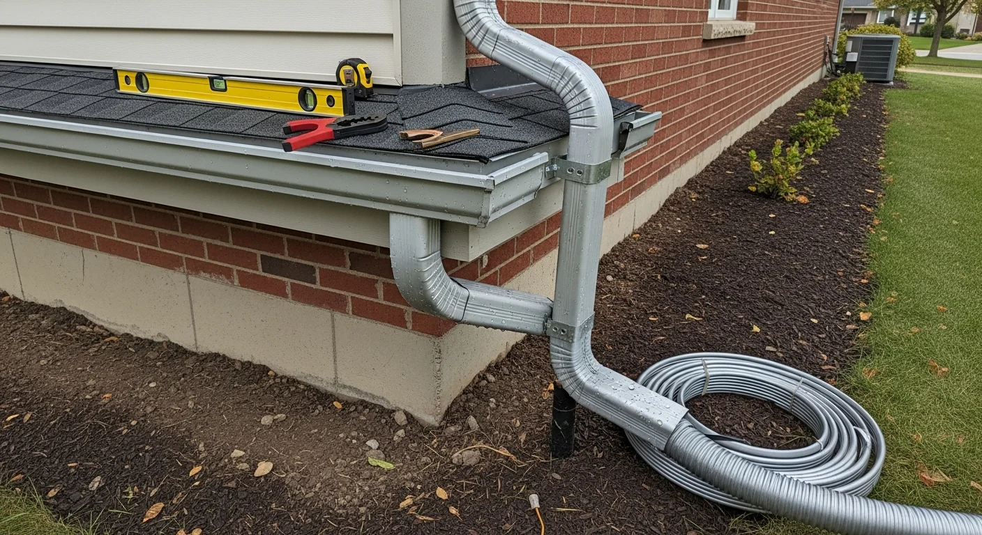 A newly installed metal downspout on the corner of a two-story single-family home in Naperville, Illinois, with a downspout extension directing water away from the foundation across a graded lawn. Close-up view shows secure wall brackets and a clean connection to the gutter above.