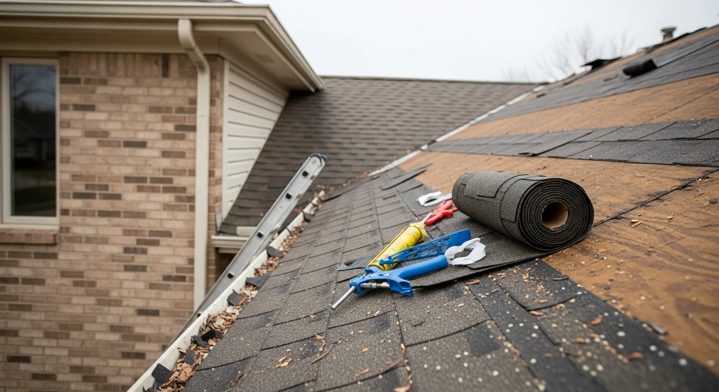 A Naperville residential roof with storm-damaged shingles being repaired by a roofing contractor, showing replaced shingle sections and resealed flashing around a chimney. Close-up view of repaired roof surface on a suburban home after a hail and wind event.