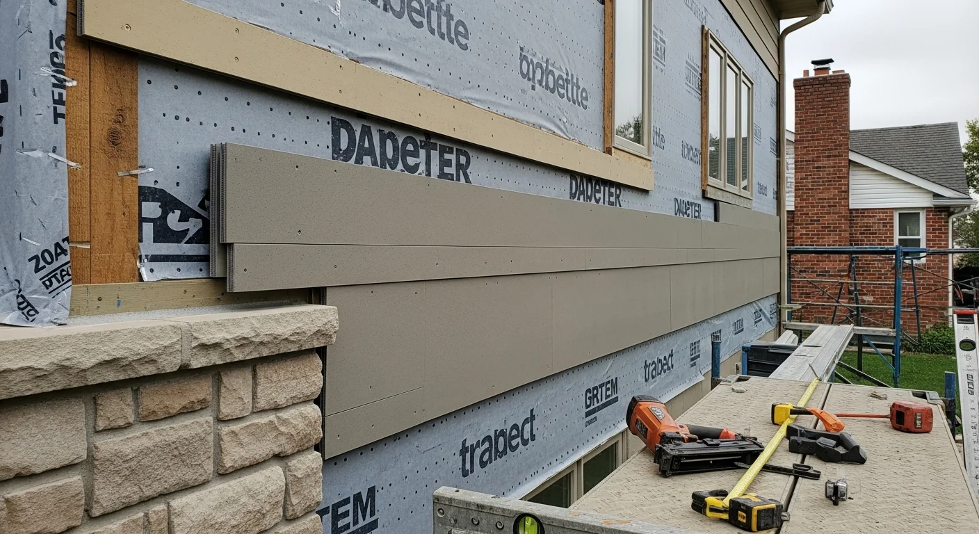 Freshly installed fiber cement lap siding on a two-story Naperville residential home, showing clean horizontal board lines, sealed joints, and painted trim around windows. The completed exterior reflects a traditional wood-look finish suited to the surrounding neighborhood streetscape.