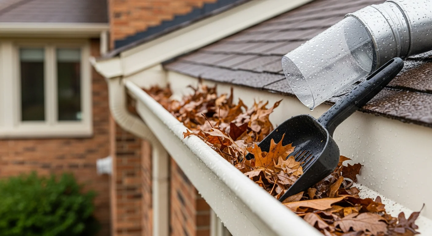 A Laguna Builders LLC crew member removing packed leaf and debris buildup from a residential gutter trough on a single-family home in Naperville, Illinois. The downspout is being flushed to confirm clear water flow after cleaning.