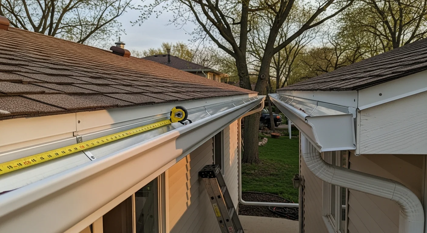 A freshly installed gutter system running along the roofline of a two-story Naperville home, with a downspout directing water away from the foundation. The gutters are clean, properly pitched, and fitted flush against the fascia board.