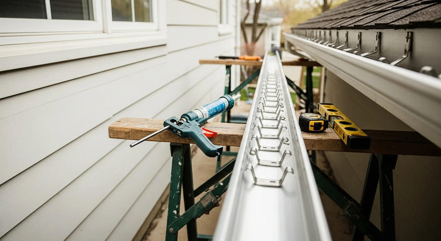 A Laguna Builders LLC technician reattaching a sagging gutter section to the fascia board of a two-story Naperville home. The repaired run shows restored alignment along the roofline with a connected downspout directing water away from the foundation.