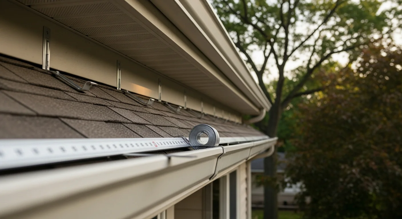 A Naperville home with newly installed gutters running along the full roofline, with downspouts positioned away from the foundation. The replacement system shows clean lines along the fascia with no visible sagging or separation.