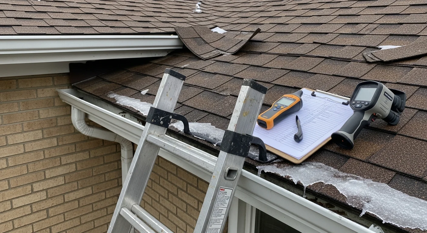 A Laguna Builders LLC roofing contractor inspecting shingles and flashing on a residential home in Naperville, Illinois. Close-up view of the roof surface showing the inspection process on a typical Naperville single-family home.