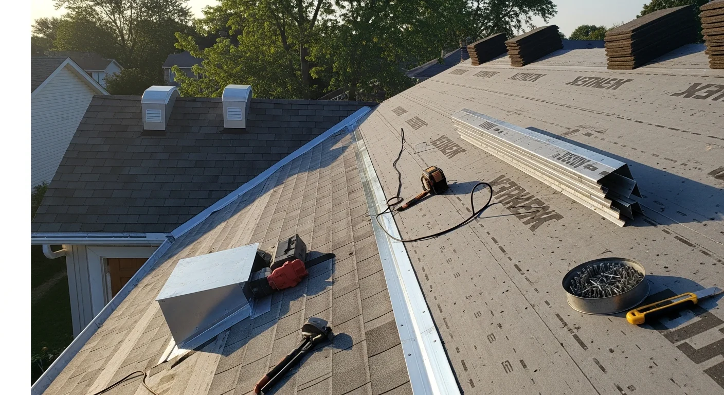 A completed residential roof installation on a two-story Naperville home, showing uniform shingle alignment, sealed ridge cap, and finished metal flashing along the chimney and eave edges. The surrounding yard reflects a typical Naperville suburban neighborhood with mature trees.