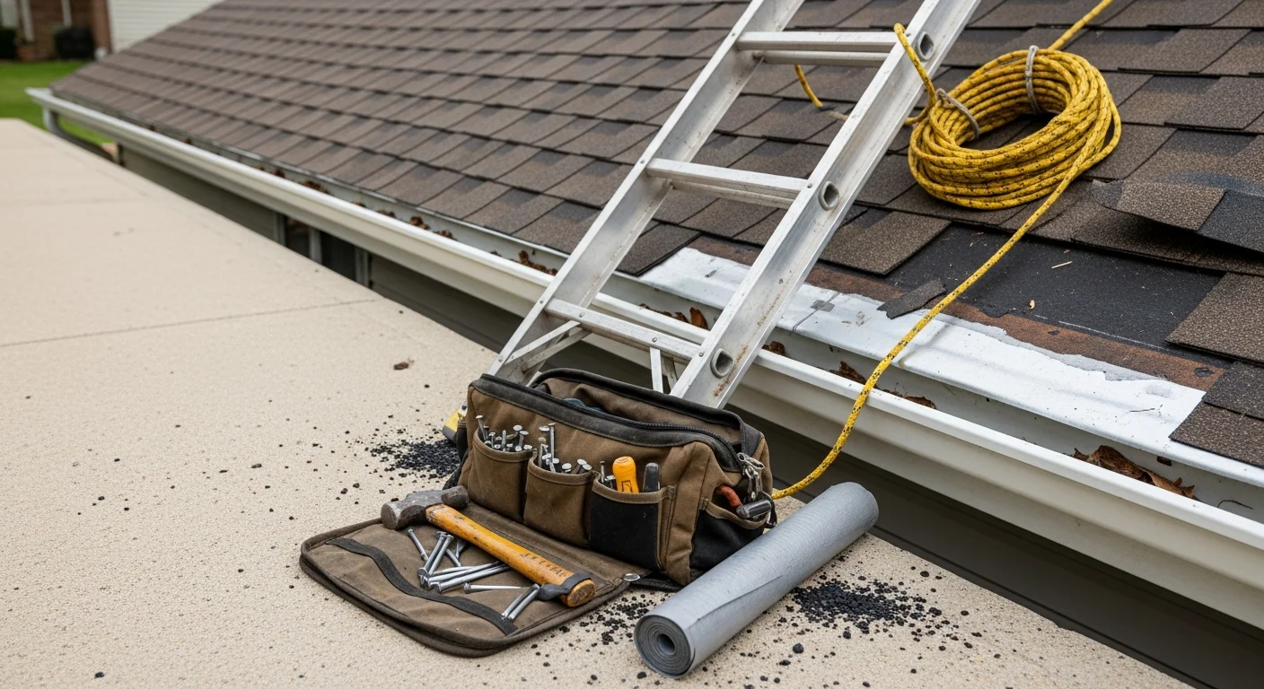A Naperville residential rooftop showing completed shingle and flashing repair work on a two-story home after storm damage. Close-up view of replaced shingles and sealed flashing at a chimney penetration with a suburban Illinois neighborhood visible in the background.