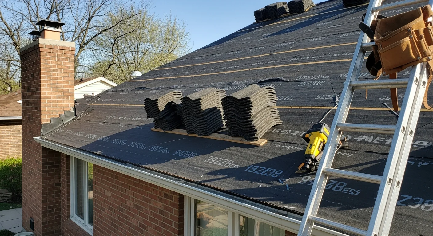 A completed residential roof replacement on a two-story Naperville home, showing new shingles installed over a clean decking surface. The project reflects the type of full tear-off and reinstallation work common on aging homes in the DuPage County area.
