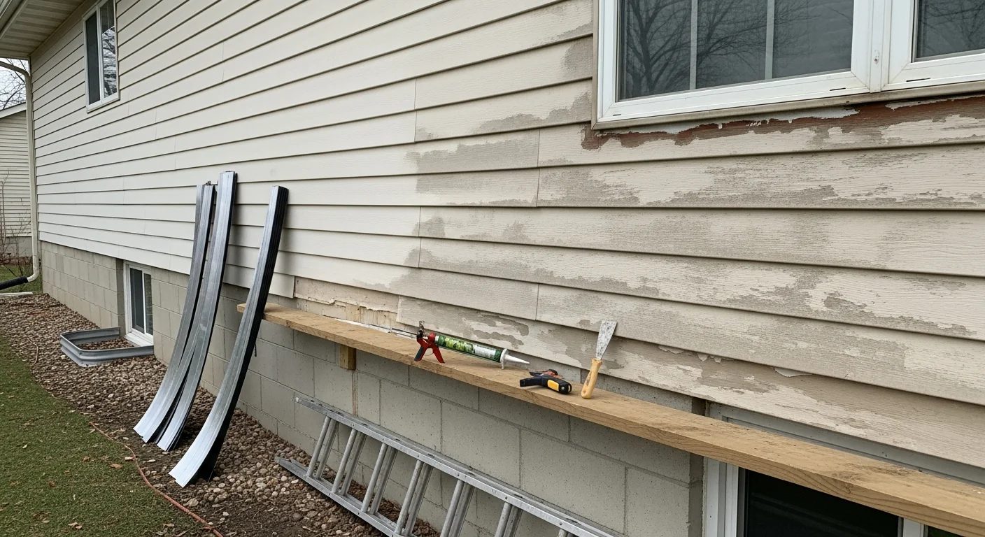 A Naperville residential home exterior showing freshly repaired siding panels along a side wall, with clean joints and matching material replacing a previously cracked and lifted section. Close-up view highlights flush panel alignment and intact trim around a window.